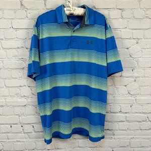 Under Armour Loose Fit HeatGear Golf Polo Shirt, Size Large, Blue w/ Neon Yellow